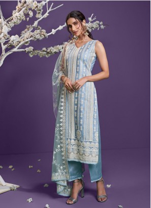 Blue Color Net Straight Suit