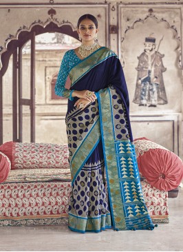 Blue Color Patola Silk Indian Wedding Saree