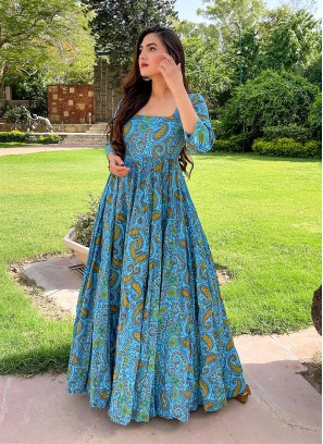 Blue Color Printed Casual Wear Gown