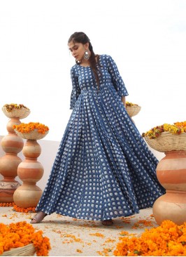Blue Color Printed Casual Wear Gown