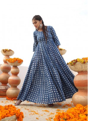 Blue Color Printed Casual Wear Gown