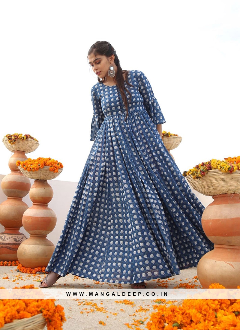 Blue Color Printed Casual Wear Gown