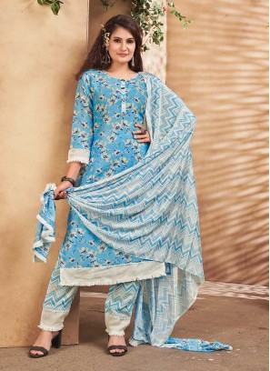 Blue Color Printed Maslin Readymade Suit