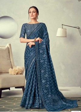 Blue Color Printed Silk Saree