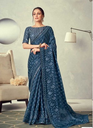 Blue Color Printed Silk Saree