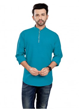 Blue Color Pure Cotton Short Kurta