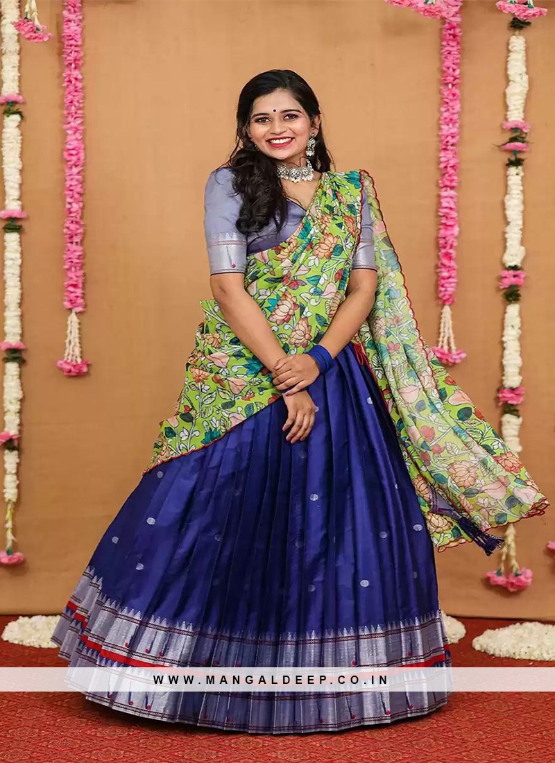 Deep Sky Blue Banarasi Jacquard Silk Half Saree Lehenga – Shopgarb Store