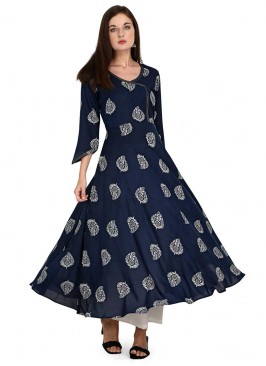 Blue Color Rayon Anarkali Kurti Set