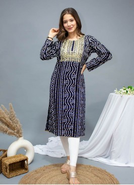 Blue Color Rayon Bandhej Print Kurti