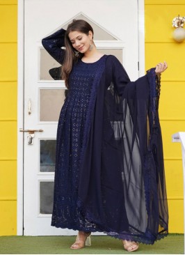 Blue Color Rayon Embroidered Readymade Suit