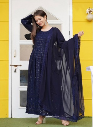 Blue Color Rayon Embroidered Readymade Suit