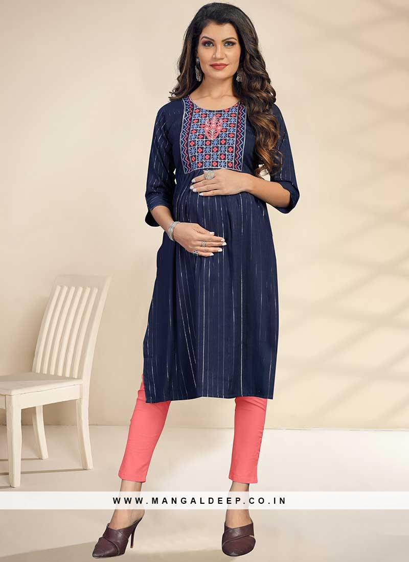 Blue Color Rayon Embroidered Special Maternity Kurti