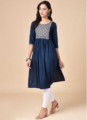 Blue Color Rayon Embroidered Work Kurti
