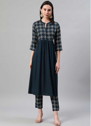 Blue Color Rayon Kurti With Bottom