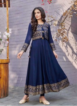 Blue Color Rayon Kurti With Koti