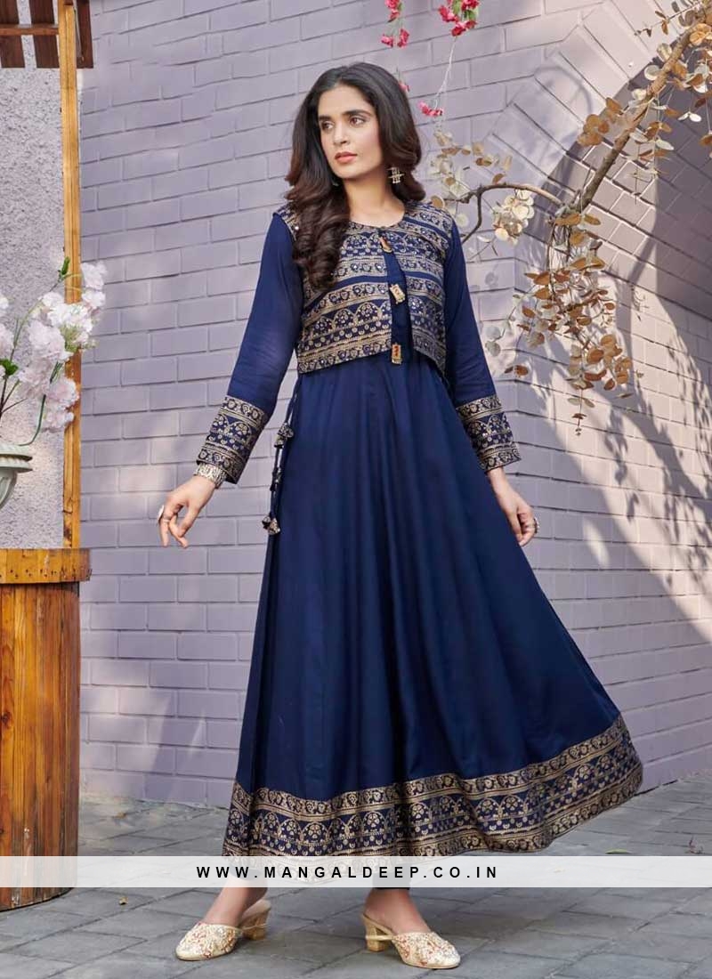 Blue Color Rayon Kurti With Koti