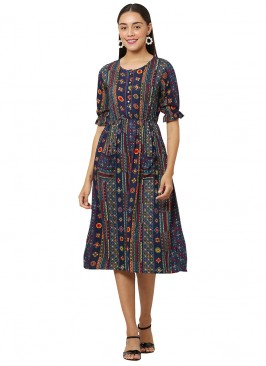 Blue Color Rayon Printed Casual Wear Kurti