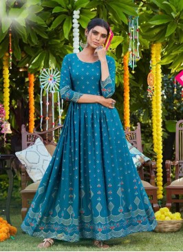 Blue Color Rayon Printed Festive Wear Gown