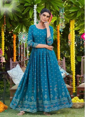 Blue Color Rayon Printed Festive Wear Gown