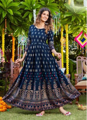 Blue Color Rayon Printed Festive Wear Gown