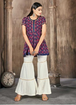 Blue Color Rayon Printed Kurti With Bottom