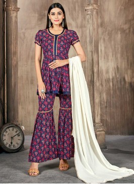 Blue Color Rayon Printed Readymade Suit