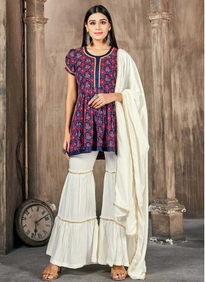 Blue Color Rayon Printed Readymade Suit