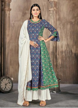 Blue Color Rayon Printed Readymade Suit