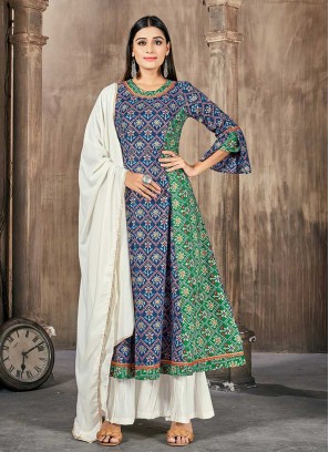Blue Color Rayon Printed Readymade Suit
