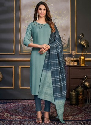 Blue Color Rayon Readymade Straight Suit