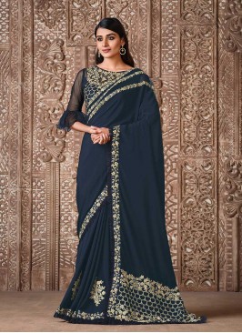 Blue Color Resham Work Silk Georgette Saree