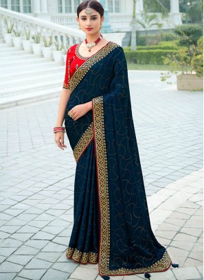 Blue Color Satin Chiffon Classic Saree