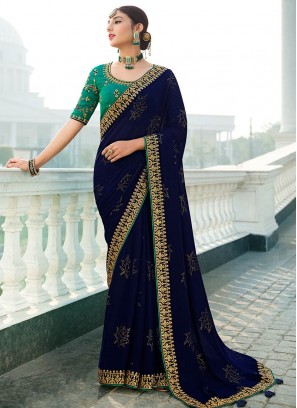 Blue Color Satin Chiffon Latest Saree