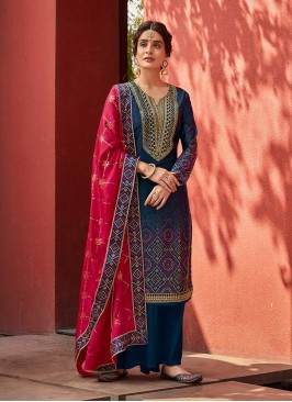 Blue Color Satin Digital Print Ladies Dress