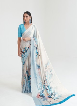 Blue Color Satin Printed Saree