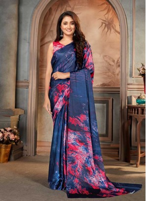 Blue Color Satin Printed Saree