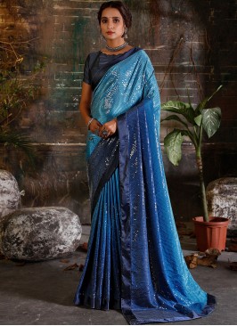 Blue Color Sequins Work Crepe Saree
