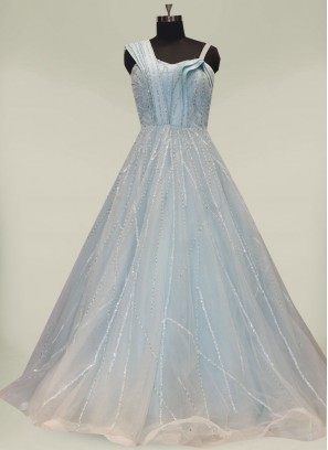Blue Color Sequins Work Net Fancy Gown