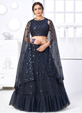 Blue Color Sequins Work Net Lehenga