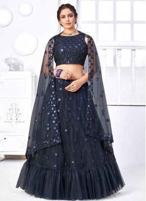 Blue Color Sequins Work Net Lehenga