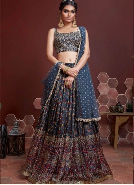 Blue Color Silk Digital Print Lehenga