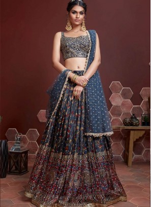 Blue Color Silk Digital Print Lehenga