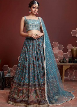 Blue Color Silk Digital Print Lehenga