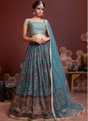 Blue Color Silk Digital Print Lehenga