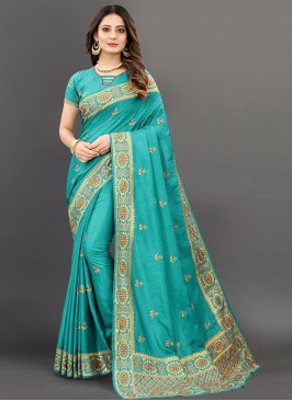 Blue Color Silk Embroidered Wedding Wear Saree