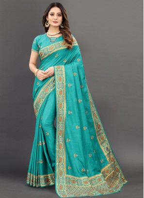 Blue Color Silk Embroidered Wedding Wear Saree