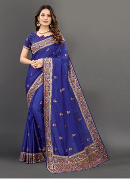 Blue Color Silk Embroidered Wedding Wear Saree