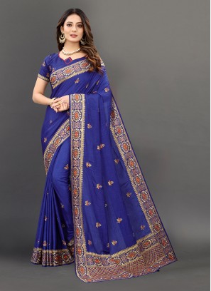 Blue Color Silk Embroidered Wedding Wear Saree