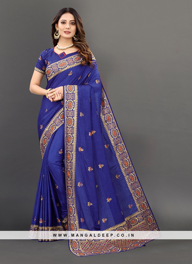 Blue Color Silk Embroidered Wedding Wear Saree