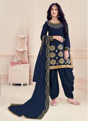 Blue Color Silk Mirror Work Punjabi Suit